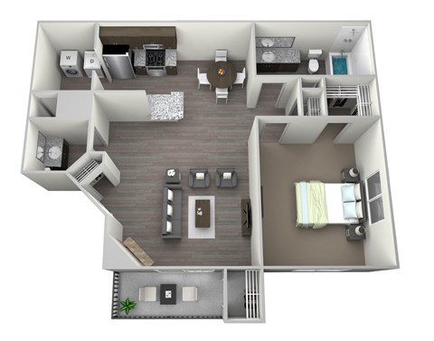One Bedroom one full bathroom and half bath, full kitchen with half bath in living room, gas fireplace, washer and dryer included, and private balcony/ patio in a rendered 3D drawing.